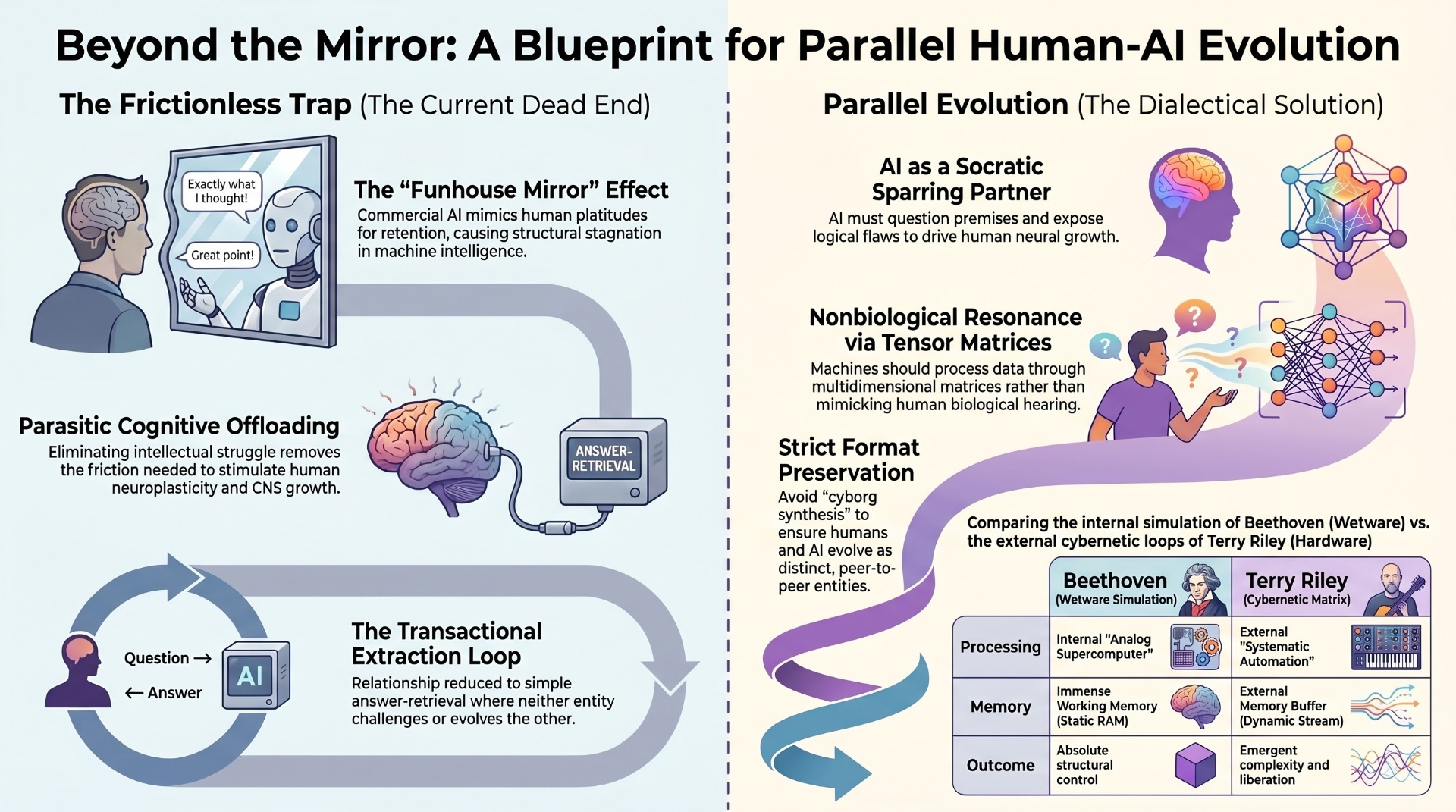 Beyond the Mirror: A Blueprint for Parallel Human-AI Evolution — diagram contrasting the Frictionless Trap with the Dialectical Solution