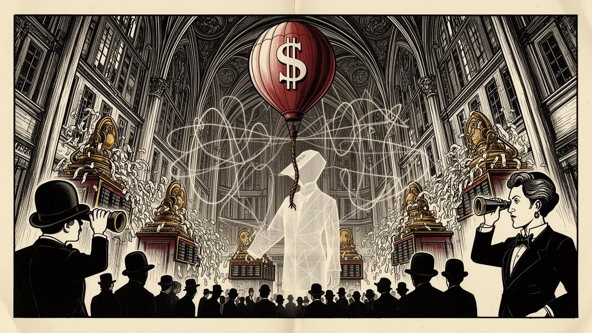 Editorial woodcut: a ghostly Flatland AI suspended in a cathedral-like stock exchange beneath a quadrillion-dollar balloon, observed by silhouetted figures and the CFO Syd Visciously.